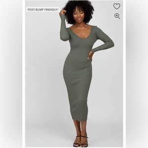 Pink blush Light Olive V-Neck Long Sleeve Fitted Maternity Maxi Dress